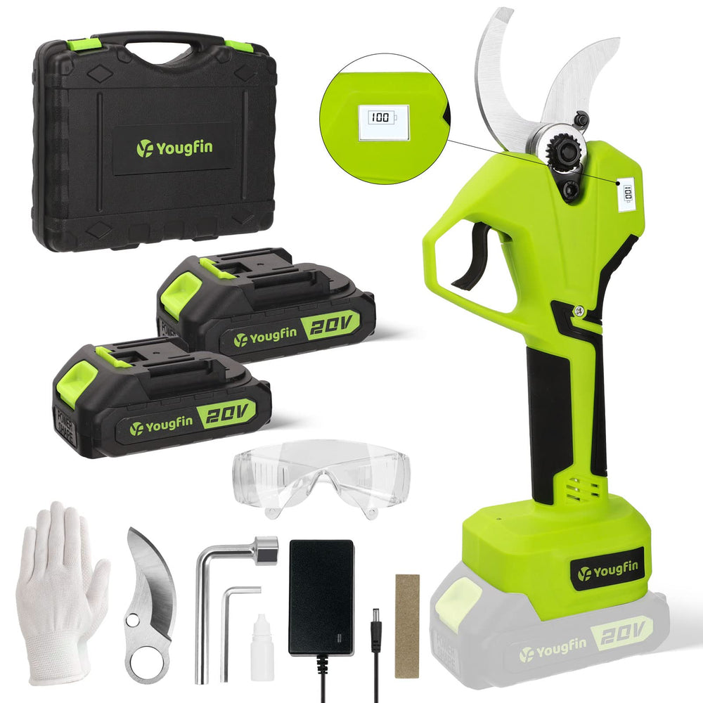 YOUGFIN pruner front angle showing ergonomic grip and safety features for comfortable work