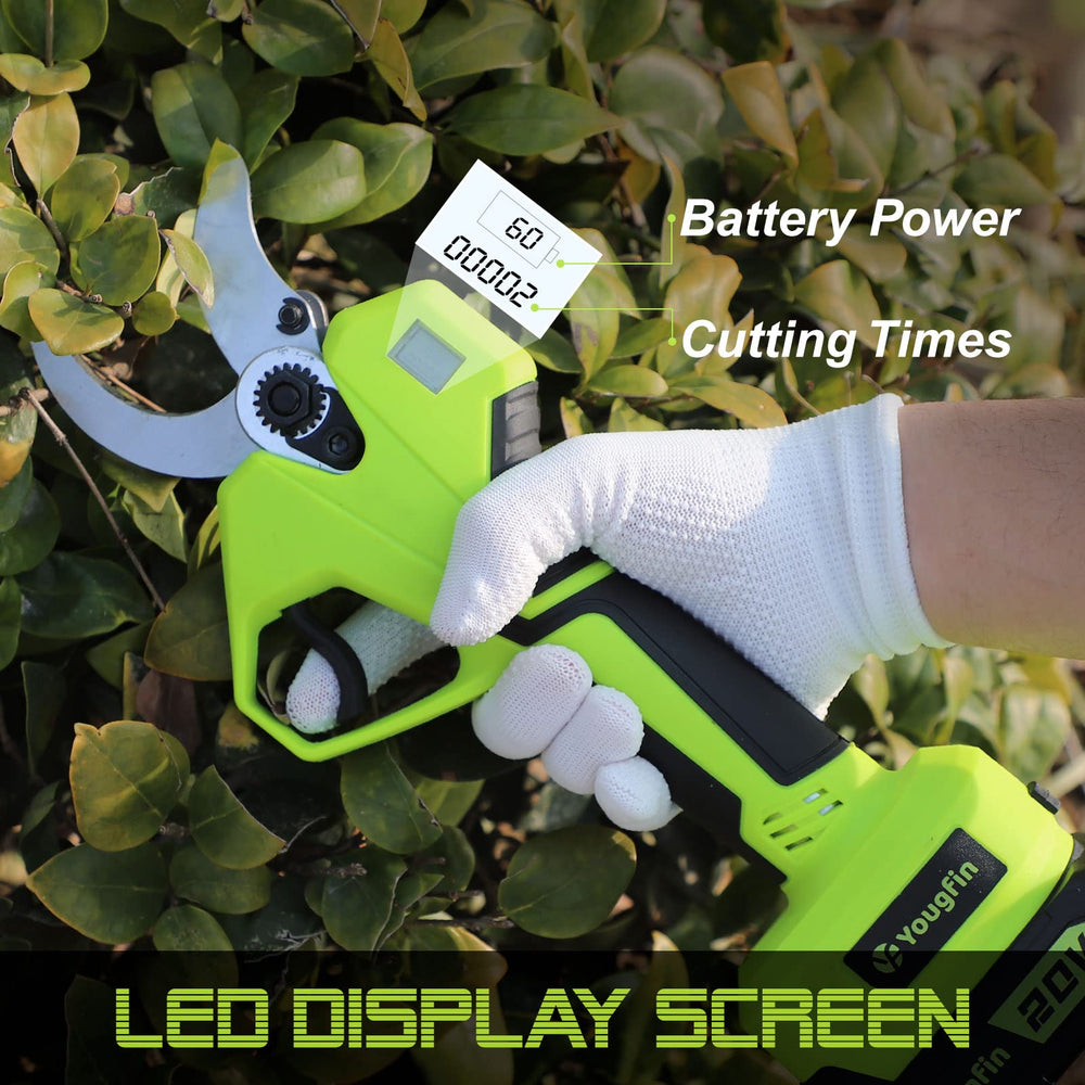 YOUGFIN pruner LCD display closeup showing battery level and cut count for planning