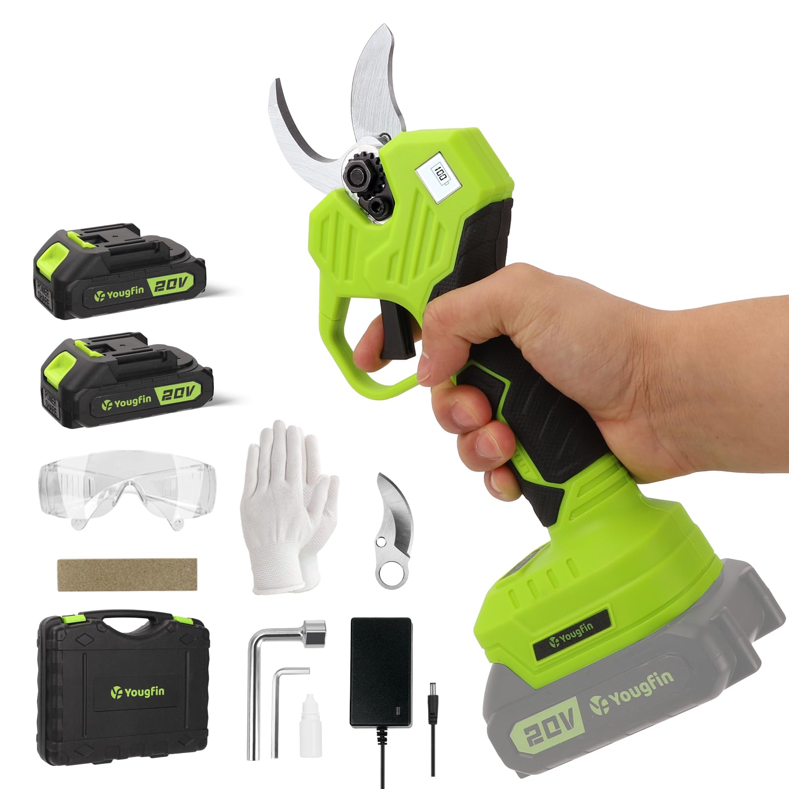 YOUGFIN pruner front view showing LED display and ergonomic grip for efficient cutting