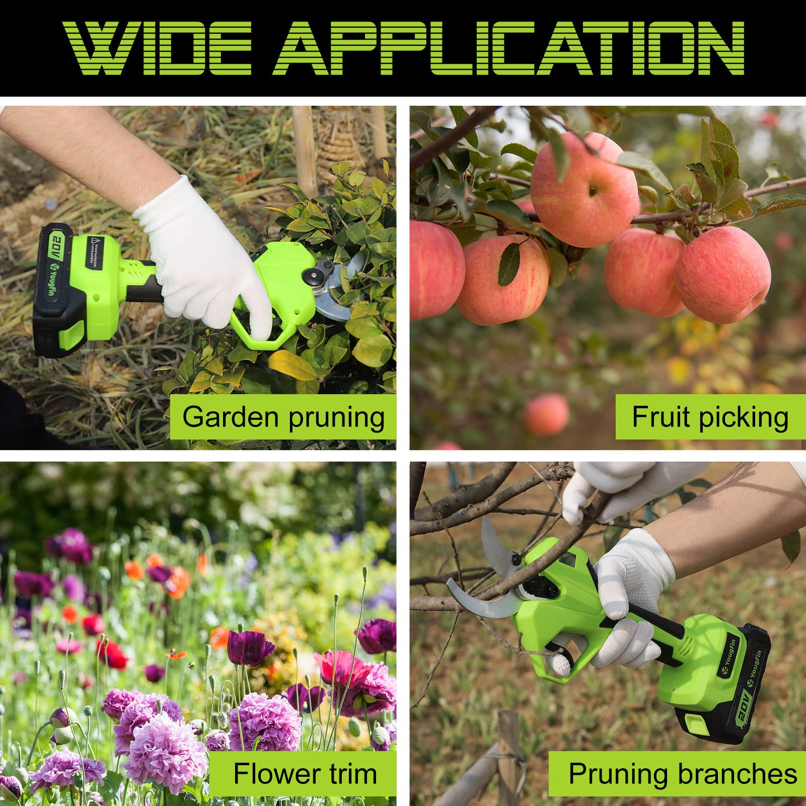 YOUGFIN cordless pruner cutting a branch demonstrating faster, consistent pruning