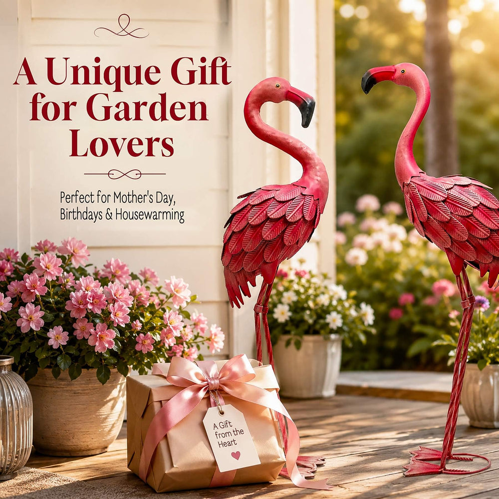 YOUKI flamingo set placed in garden bed adding vibrant focal interest