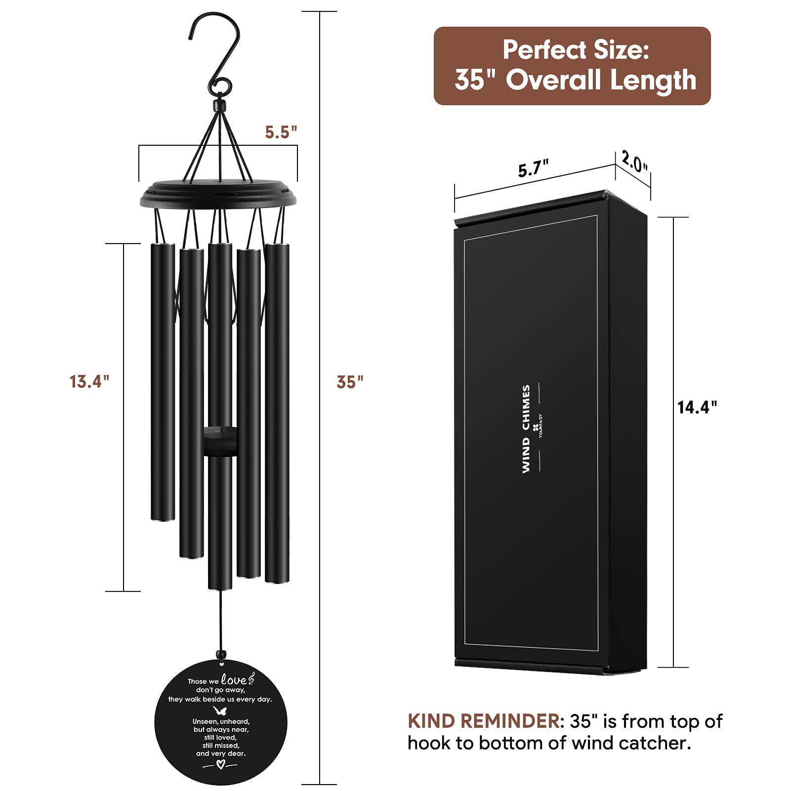 YOUNTASY wind chimes shown next to a ruler for size comparison, illustrating the 35-inch scale and fit