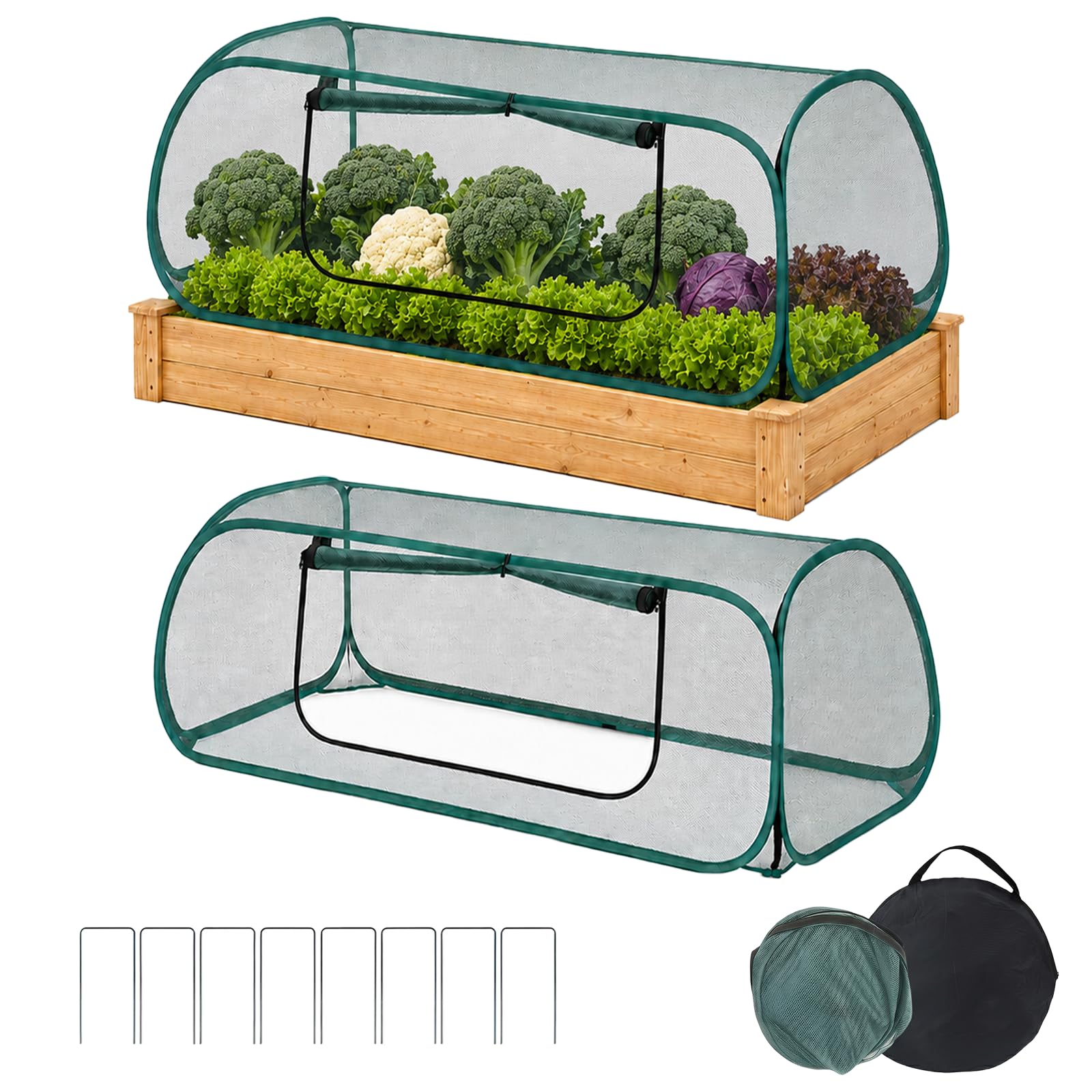 yourheey front view of pop up garden covers showing two cages and benefit of immediate protection