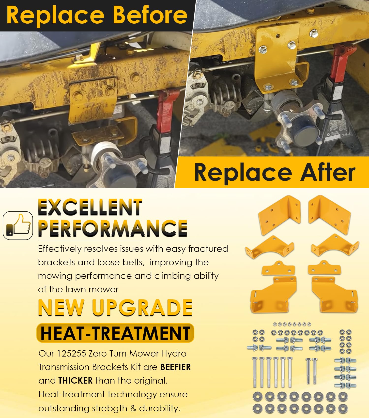 Yoursme brackets installed on mower transmission improving belt alignment and stability