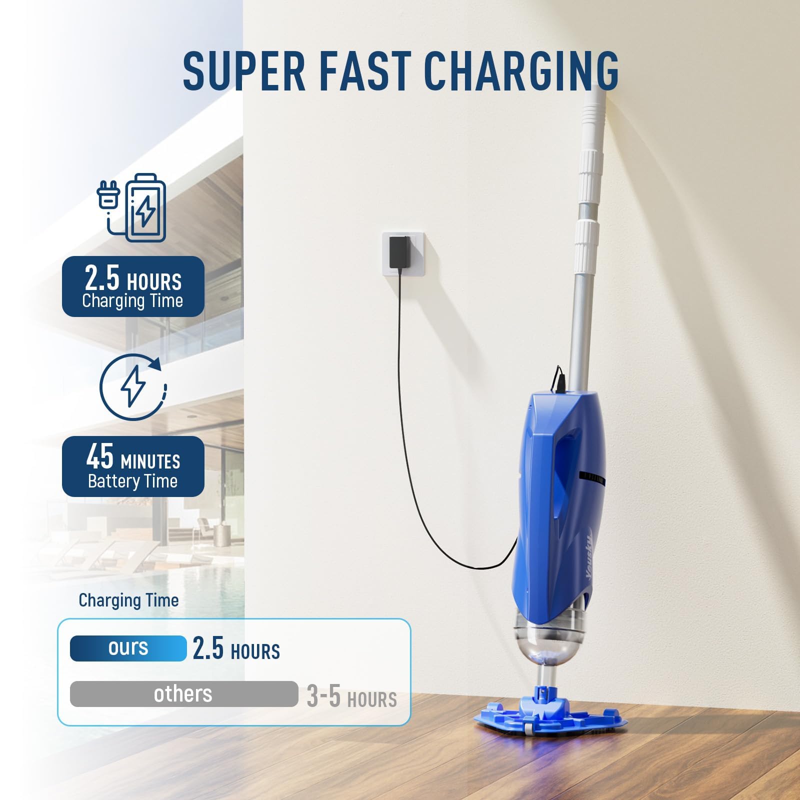 Yousky Vako H10 vacuum in use on pool floor quickly removing leaves