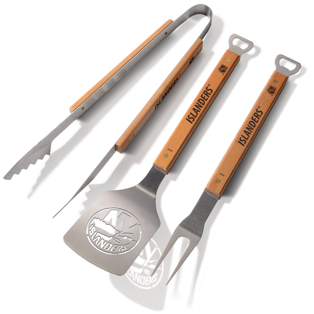 YouTheFan front view of 3-piece Islanders BBQ set showing logo and handles, enhances team pride
