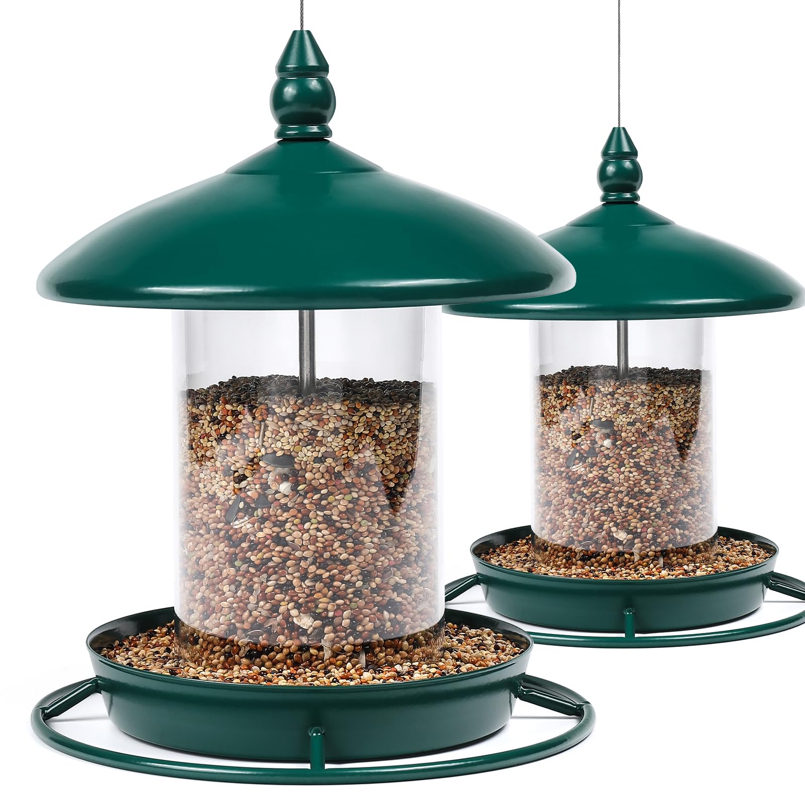 Youvip front view of two green hanging feeders showing capacity and color to attract birds