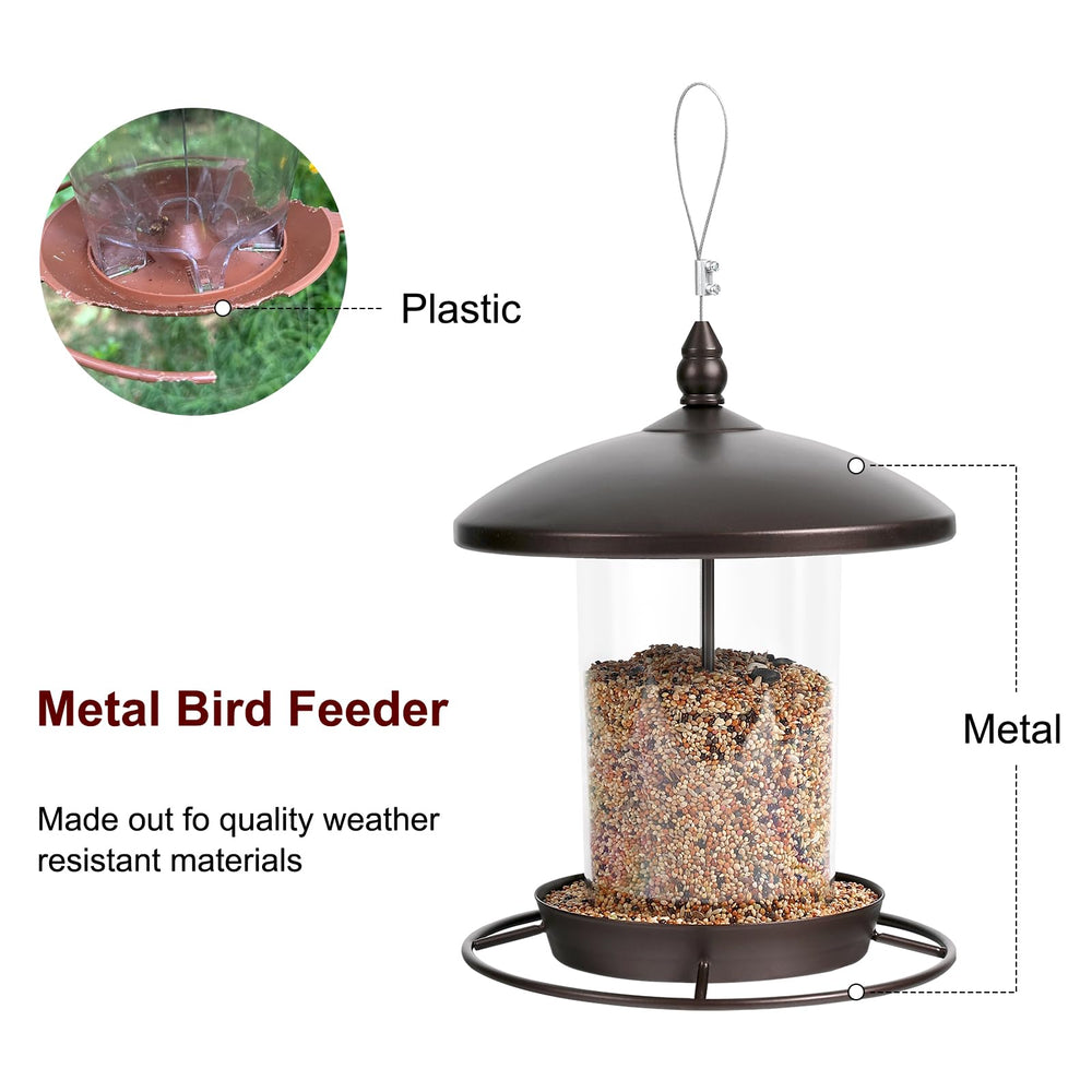 Youvip metal bird feeder size comparison beside a soda can for scale and capacity