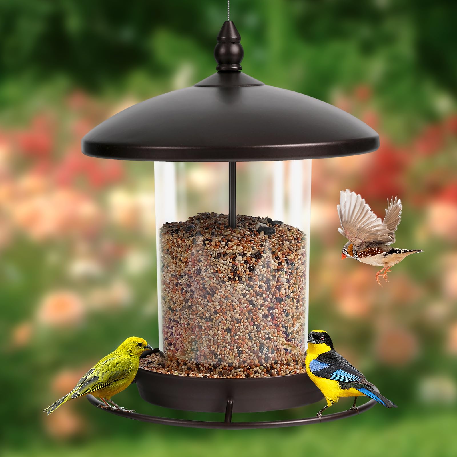 Youvip metal bird feeder with birds feeding showing multiple species using the feeder