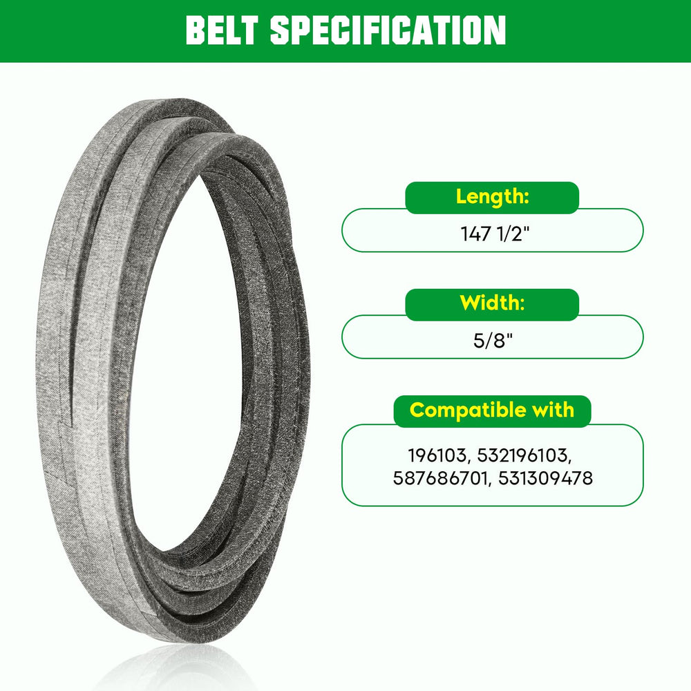 Youxmoto deck belt laid flat showing 5/8" x 147-1/2" length for reliable power transfer