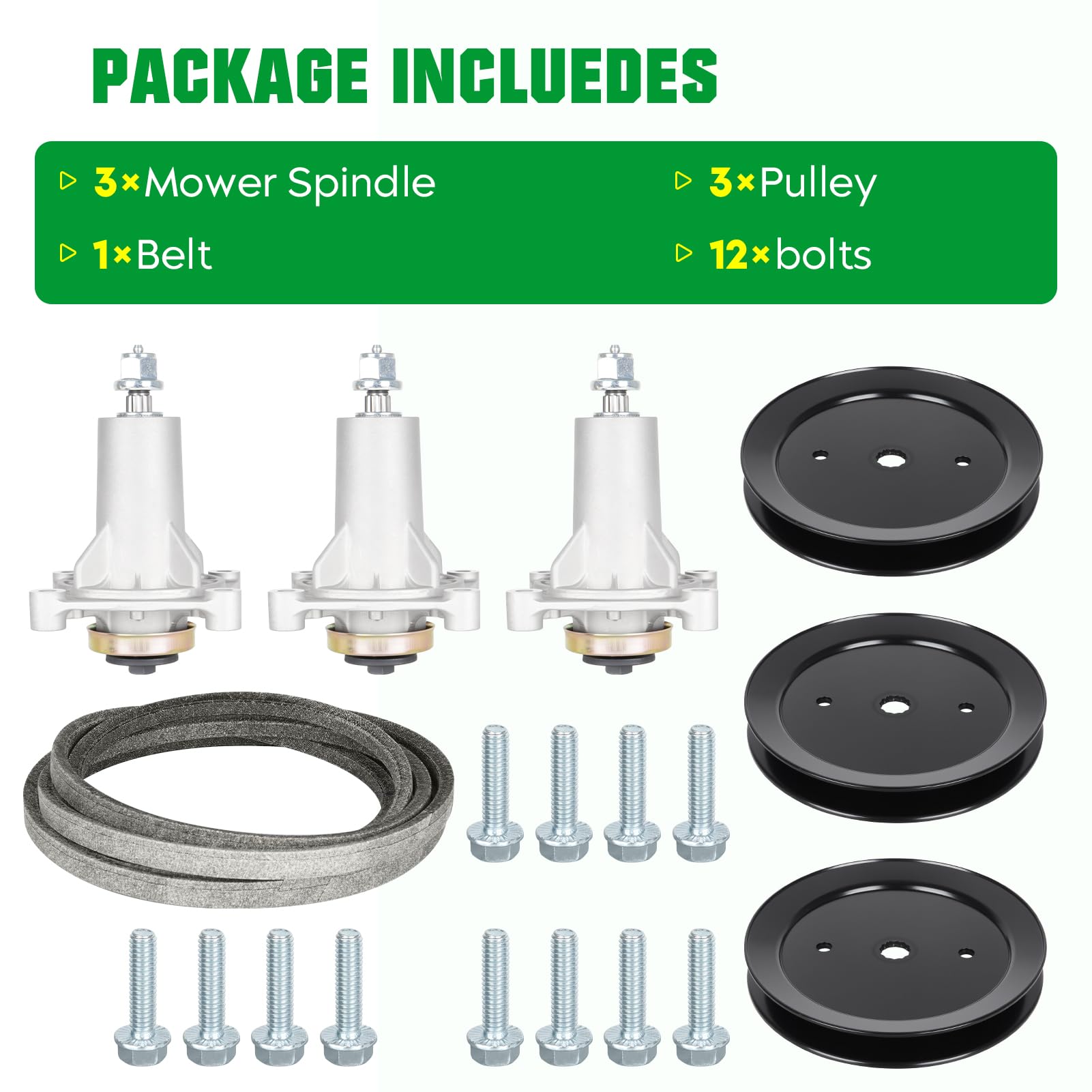 Youxmoto kit components arranged to display spindles pulleys and belt for complete rebuild