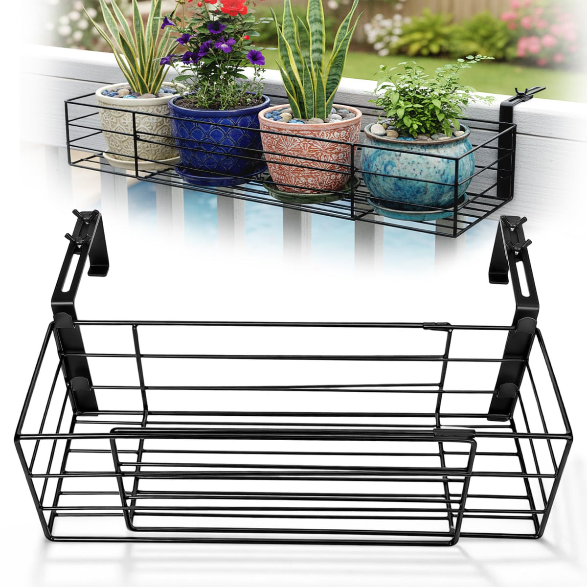Youyole front view of railing planter holder showing sleek black design and tidy plant display
