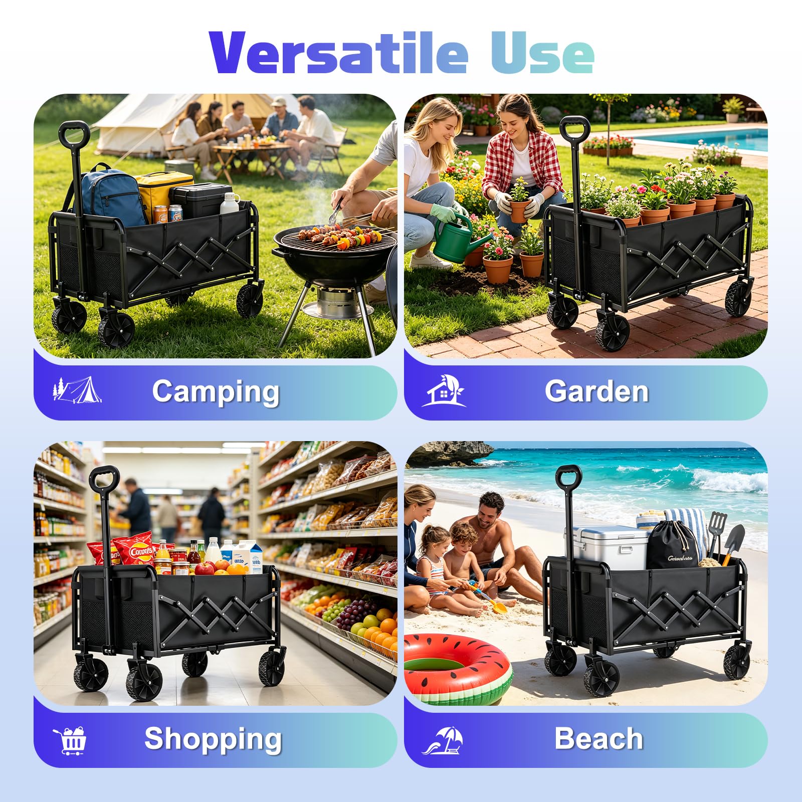 YOVOBUSS beach scene with wagon carrying coolers and chairs for outings