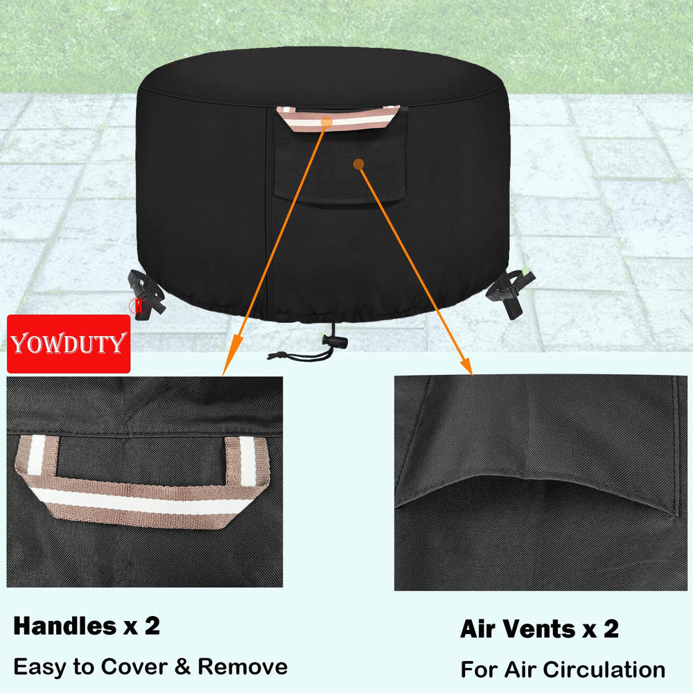 YOWDUTY cover placed over a round fire pit in backyard for weather protection