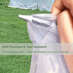 Yowlieu installed on hoop house in garden, keeps plants sheltered