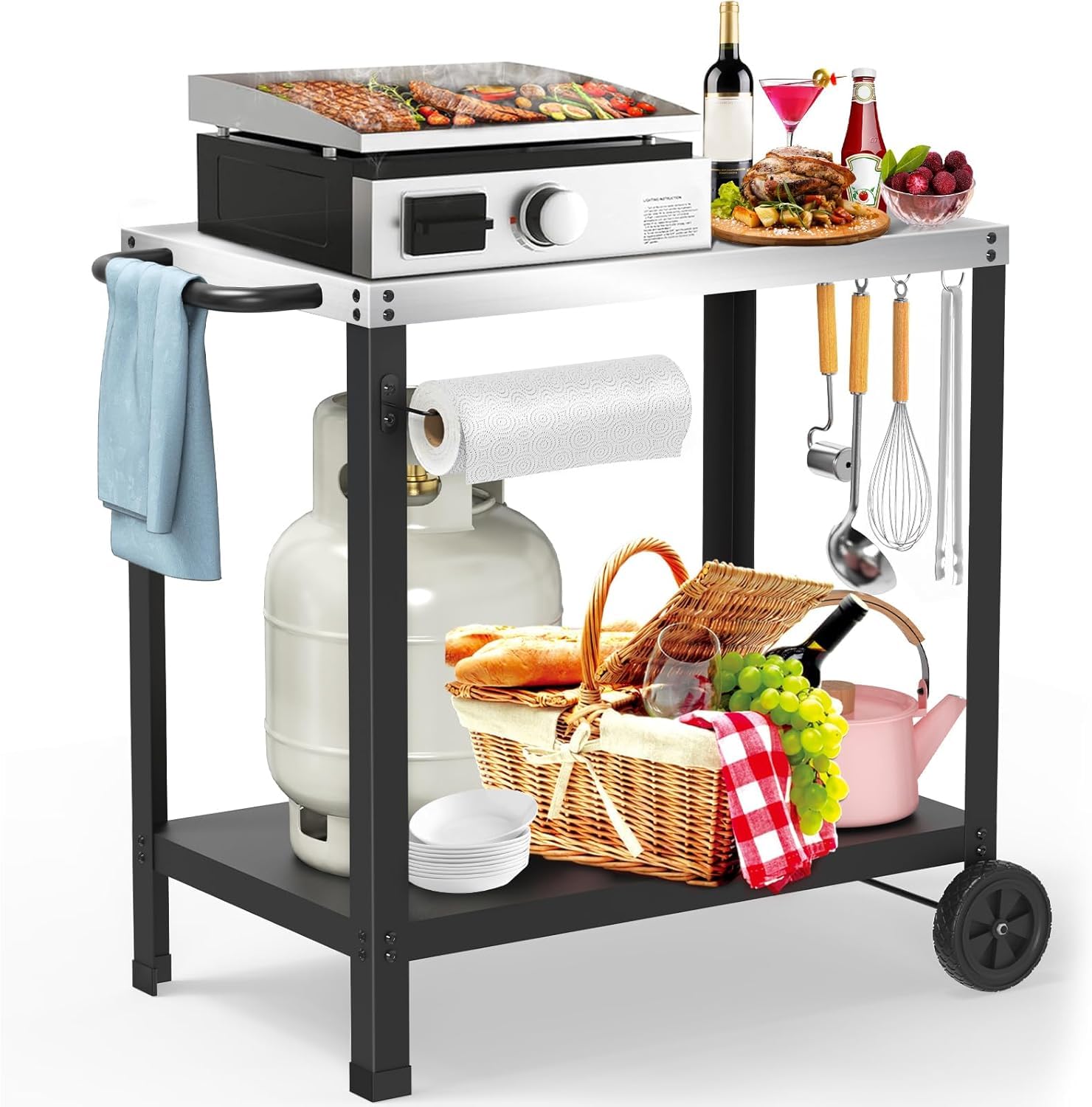 Yozoia front view with griddle on cart showing sturdy support and convenience