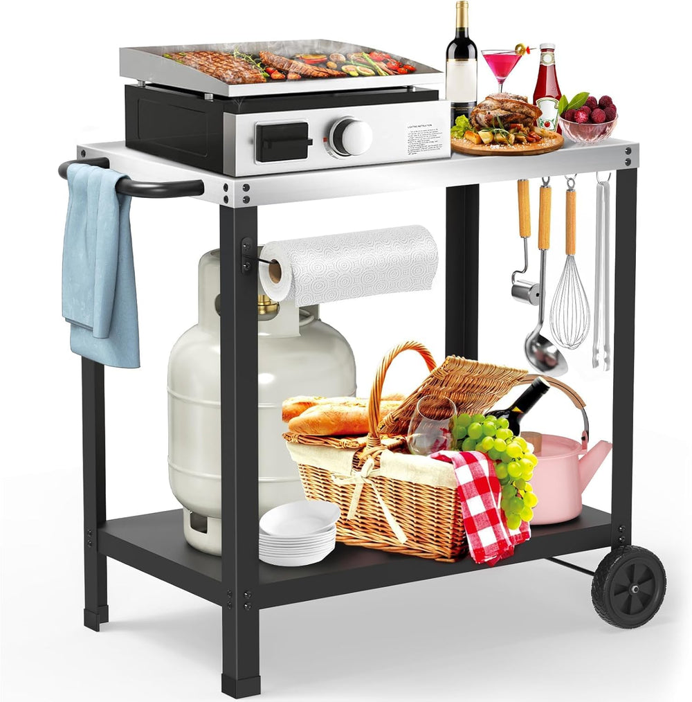 Yozoia front view with griddle on cart showing sturdy support and convenience