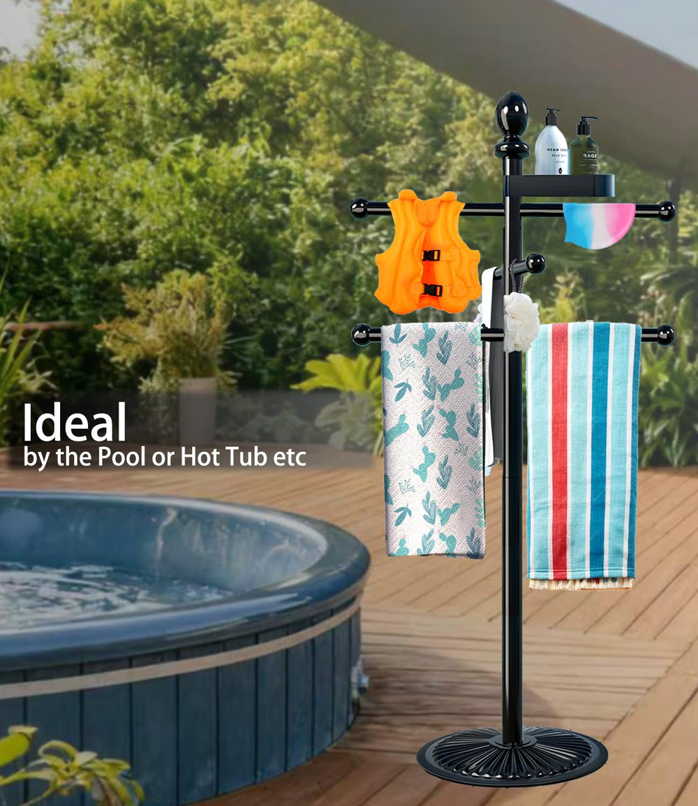 Yozoluck towel rack next to a pool showing tidy towels and easy access