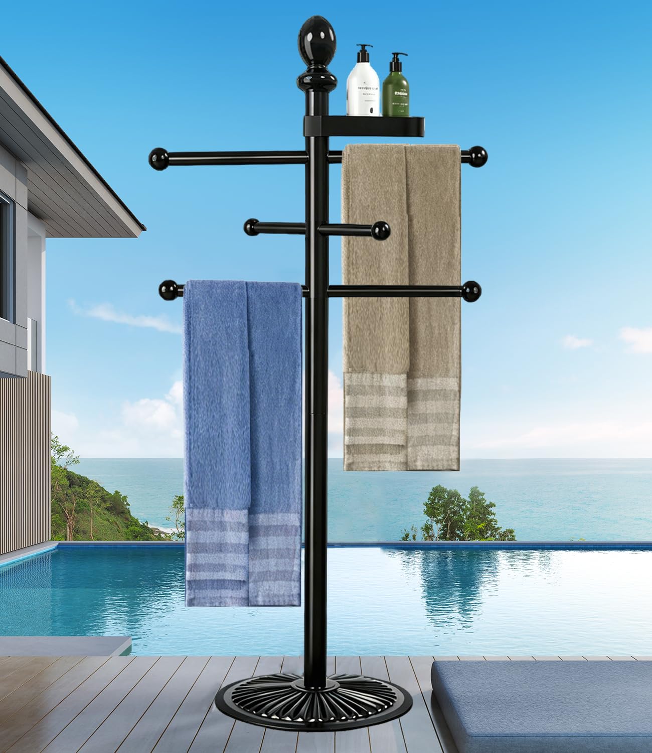 Yozoluck front view of six-bar towel rack showing organized towels and durability