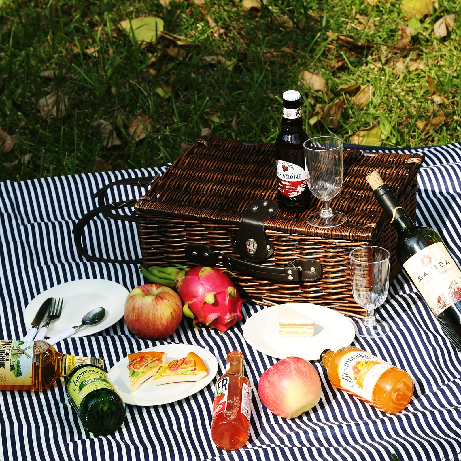 YPshuye plates and stainless flatware arranged inside basket for easy serving