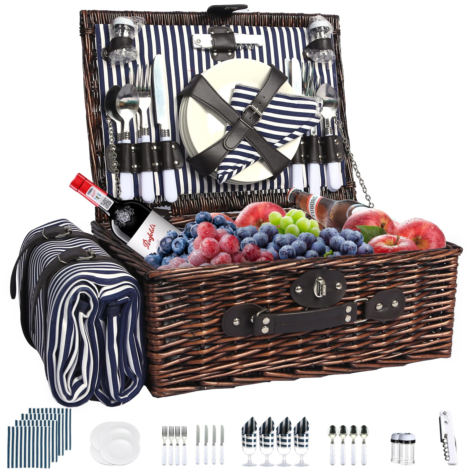 YPshuye wicker picnic basket front view showing blue stripes and neat organization
