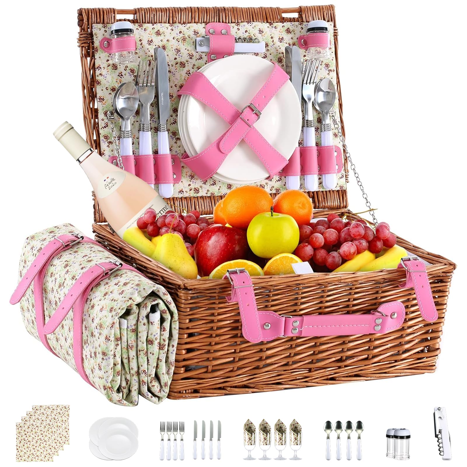 YPshuye wicker picnic basket front view showing stylish pink floral pattern and secure straps