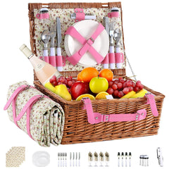 YPshuye wicker picnic basket front view showing stylish pink floral pattern and secure straps