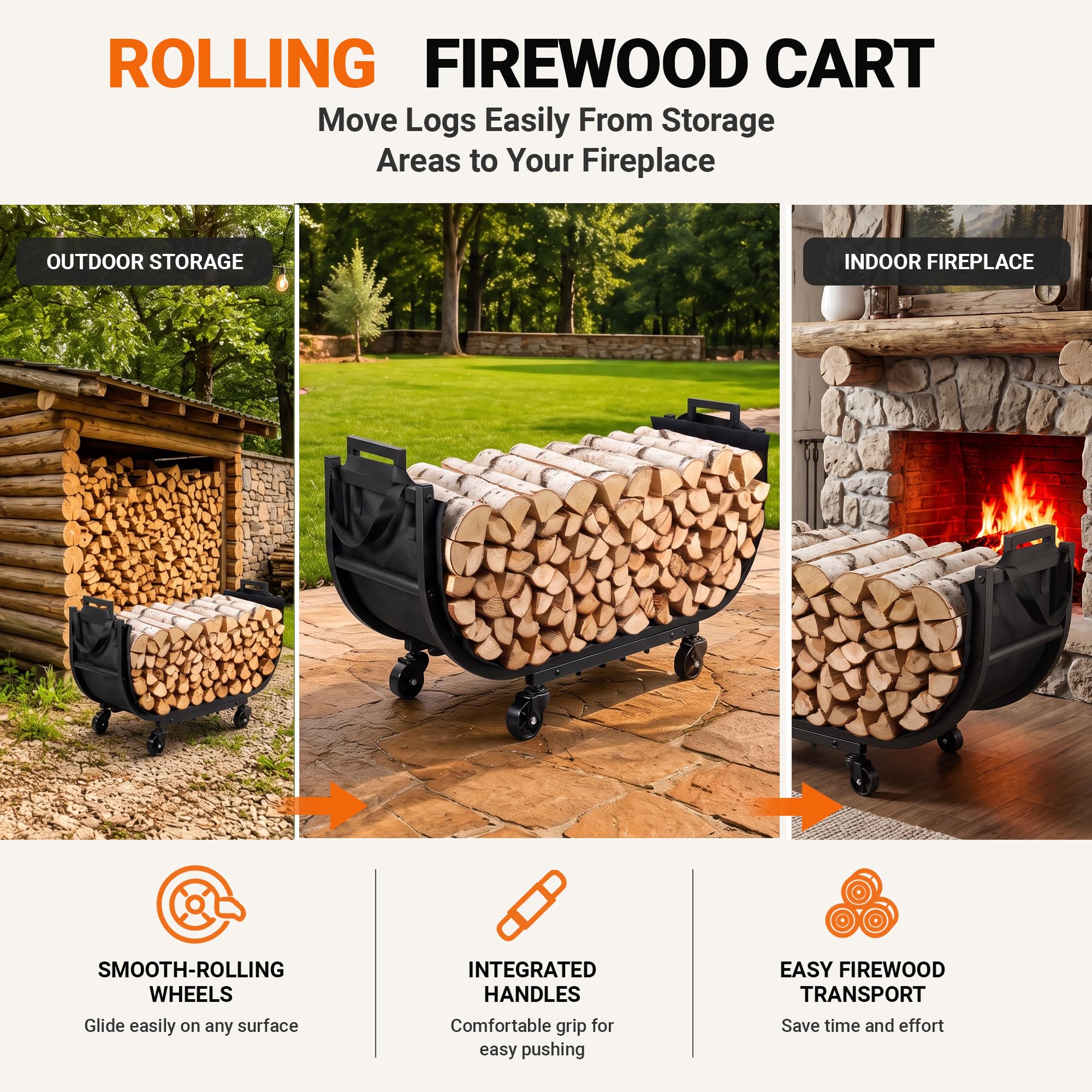 YQBRAO rolling cart in use transporting multiple logs to fireplace efficiently