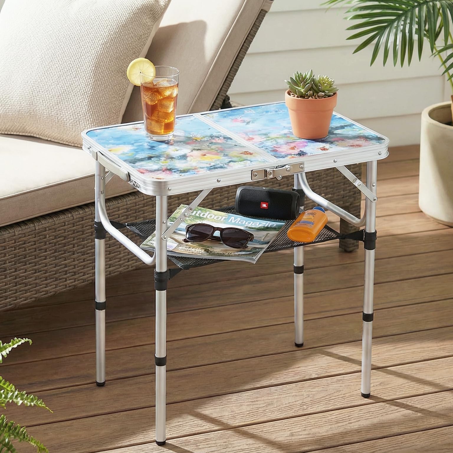 Yriuat table on patio next to lounge chair showing decorative function outdoors