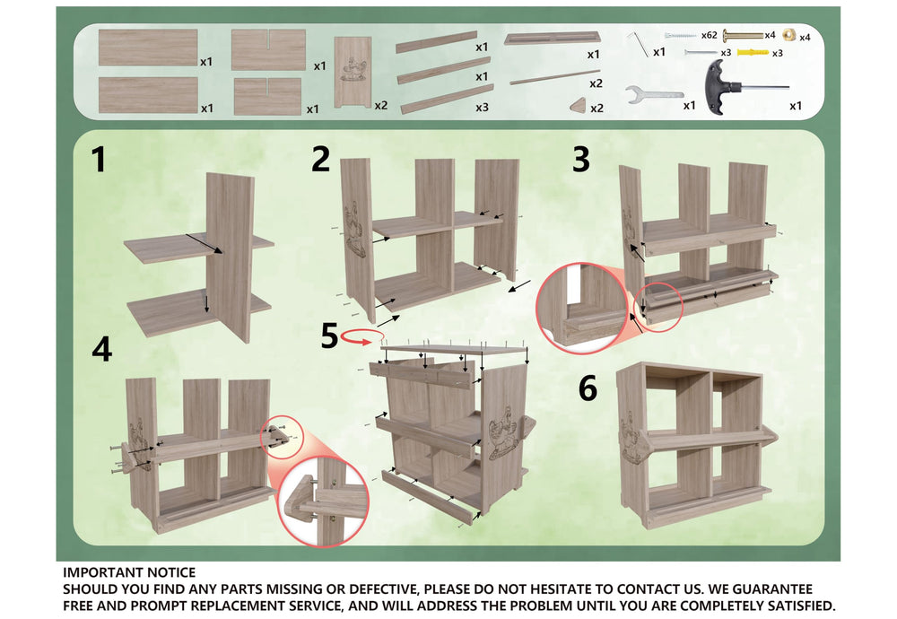 YRKUOEFD packaging and assembly hardware showing included screws and easy setup