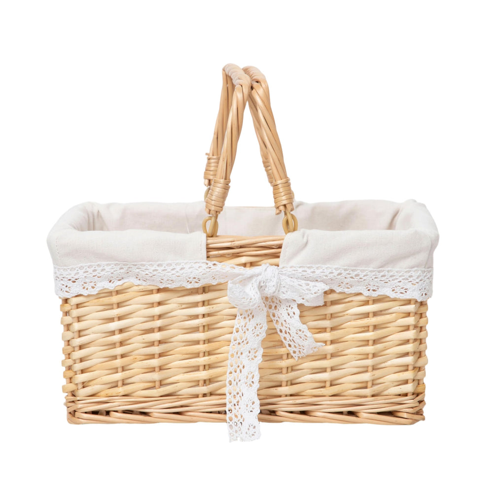 YRLSOTGE front view showing wicker basket and boho lace bow for charming storage
