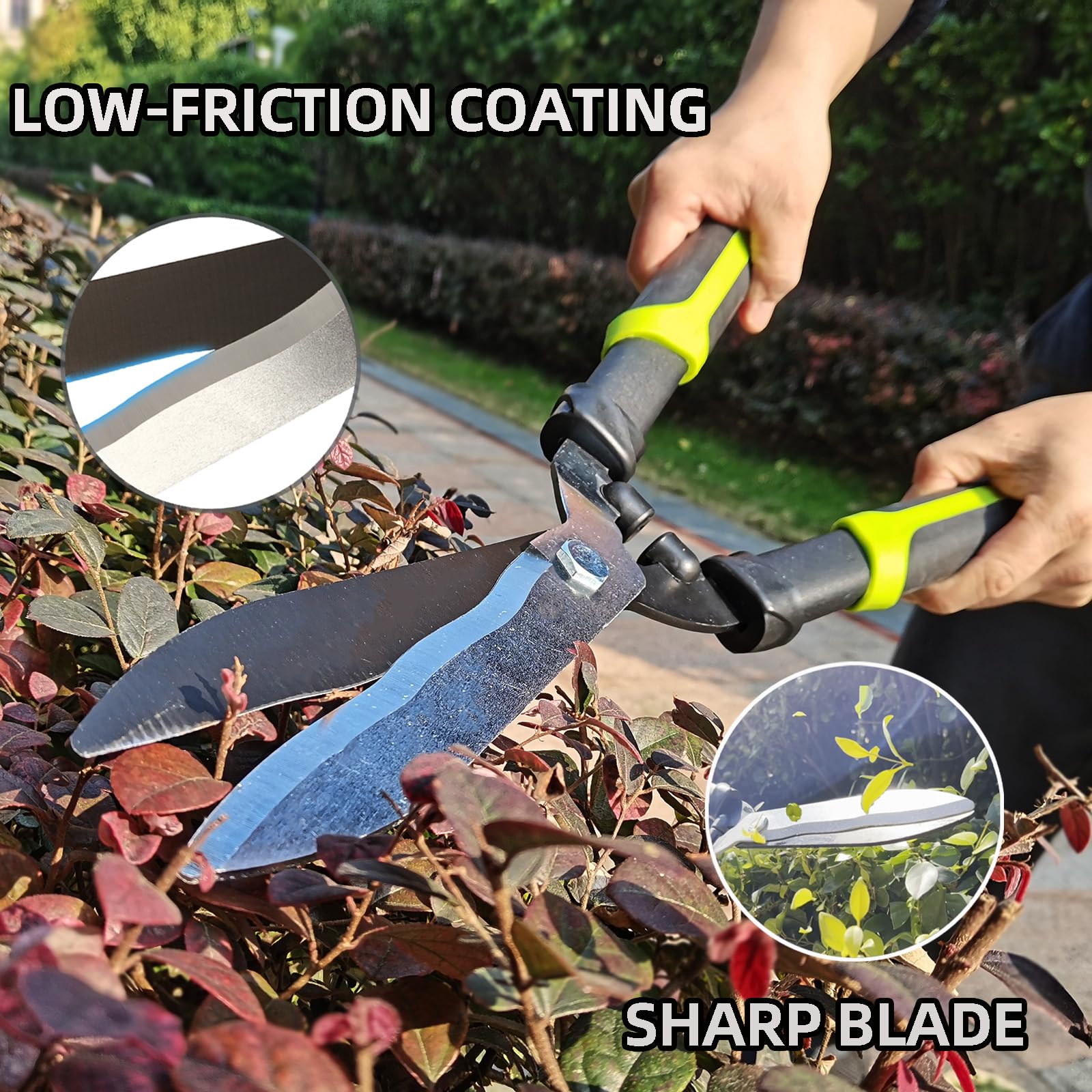 YRTSH hedge clipper blade detail with low-friction coating for smoother trimming