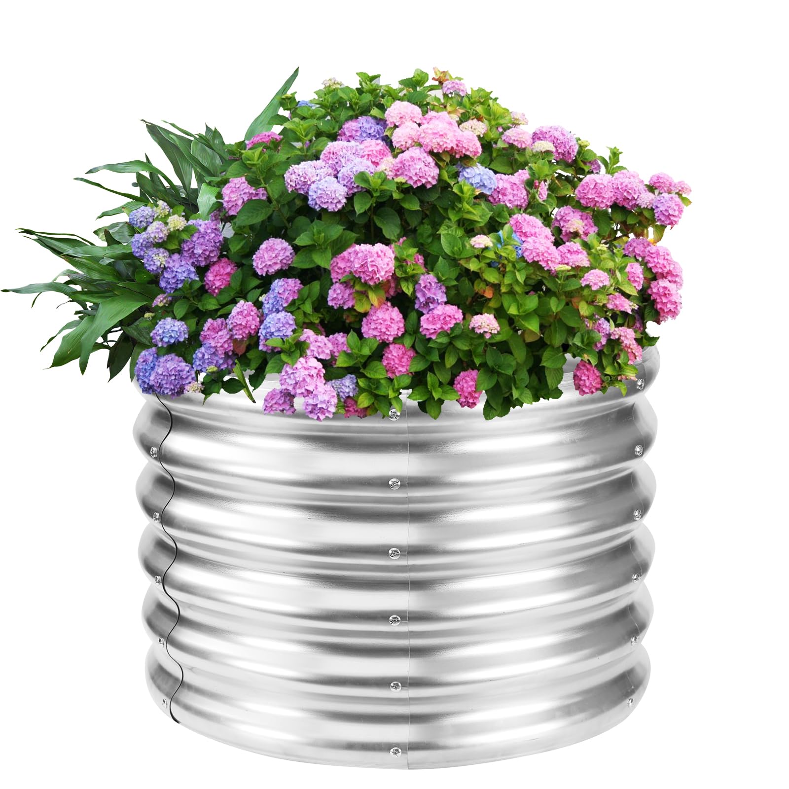 YSEJOMP front view of silver round raised bed showing durable finish and modern look