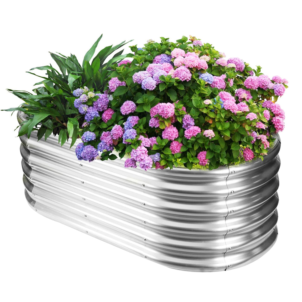 YSEJOMP front view of assembled raised bed showing silver finish and modern look