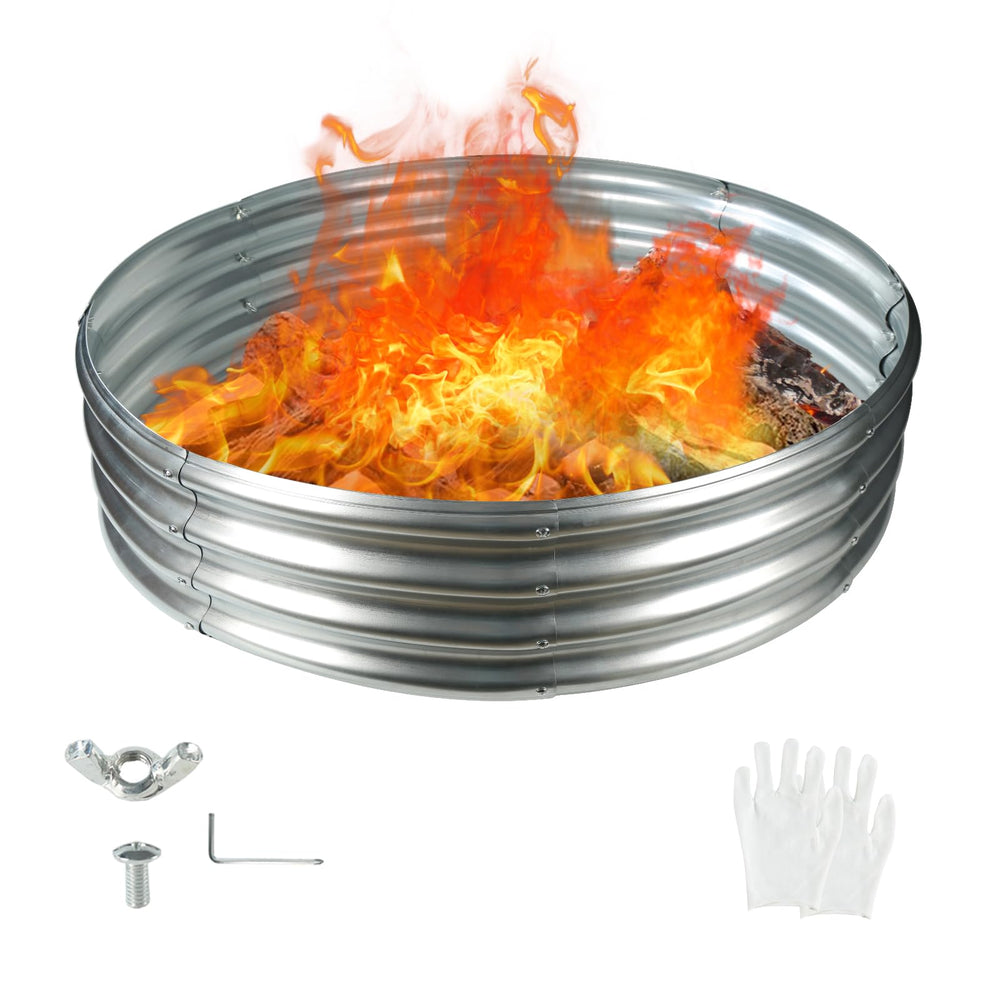 YSEJOMP front view of 48-inch galvanized fire ring showing sturdy silver finish and containment benefit