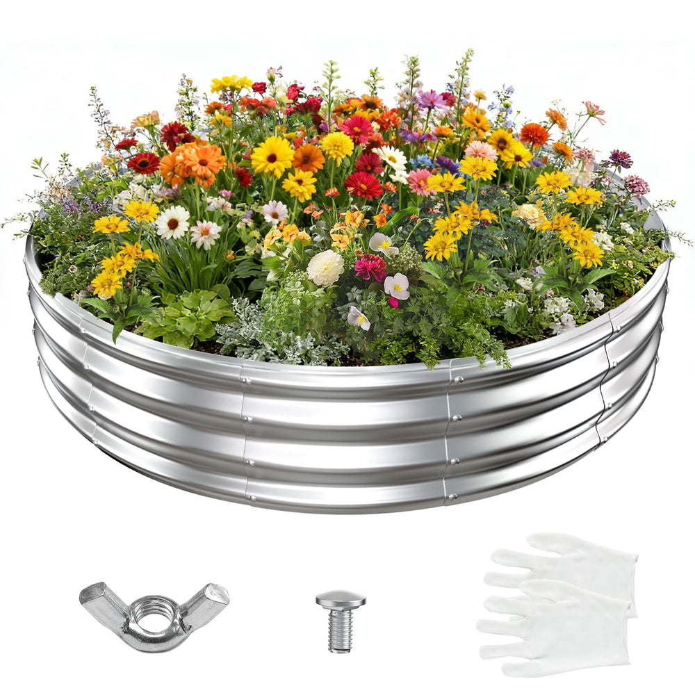 YSEJOMP front view of round galvanized raised bed showing clean silver finish and shape