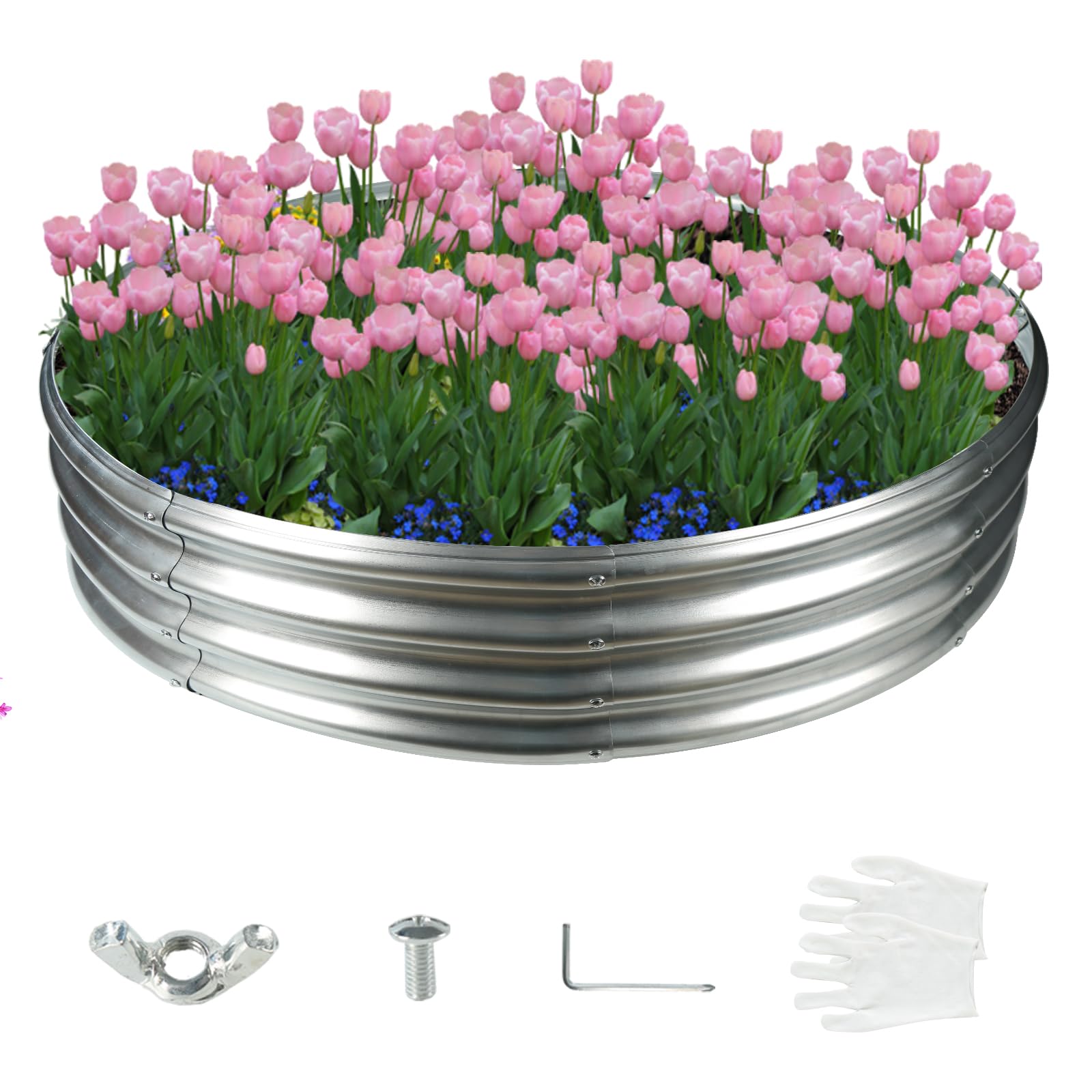 YSEJOMP front view of silver round raised bed showing clean modern look and easy planting