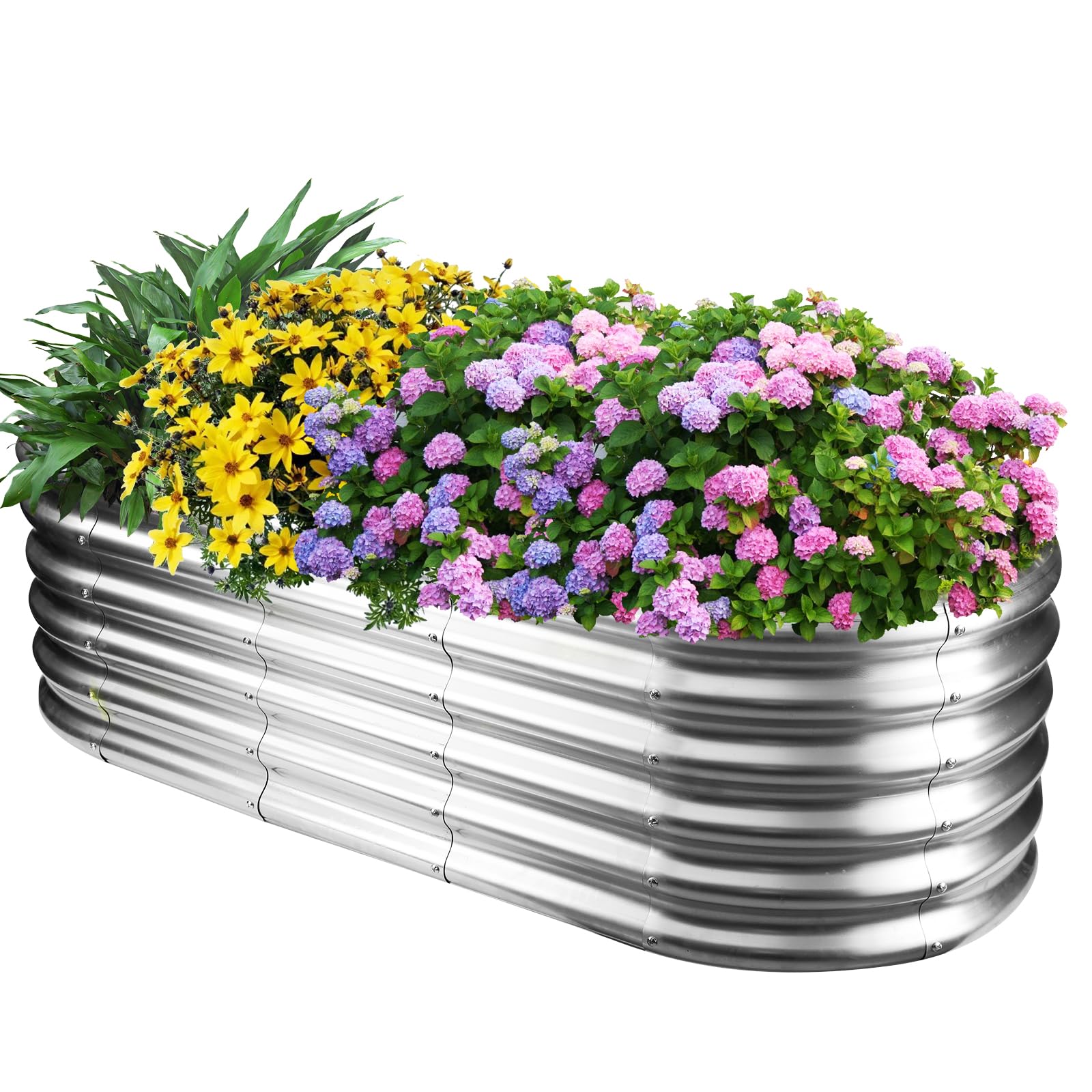 YSEJOMP front view of oval raised bed showing footprint and silver finish benefits