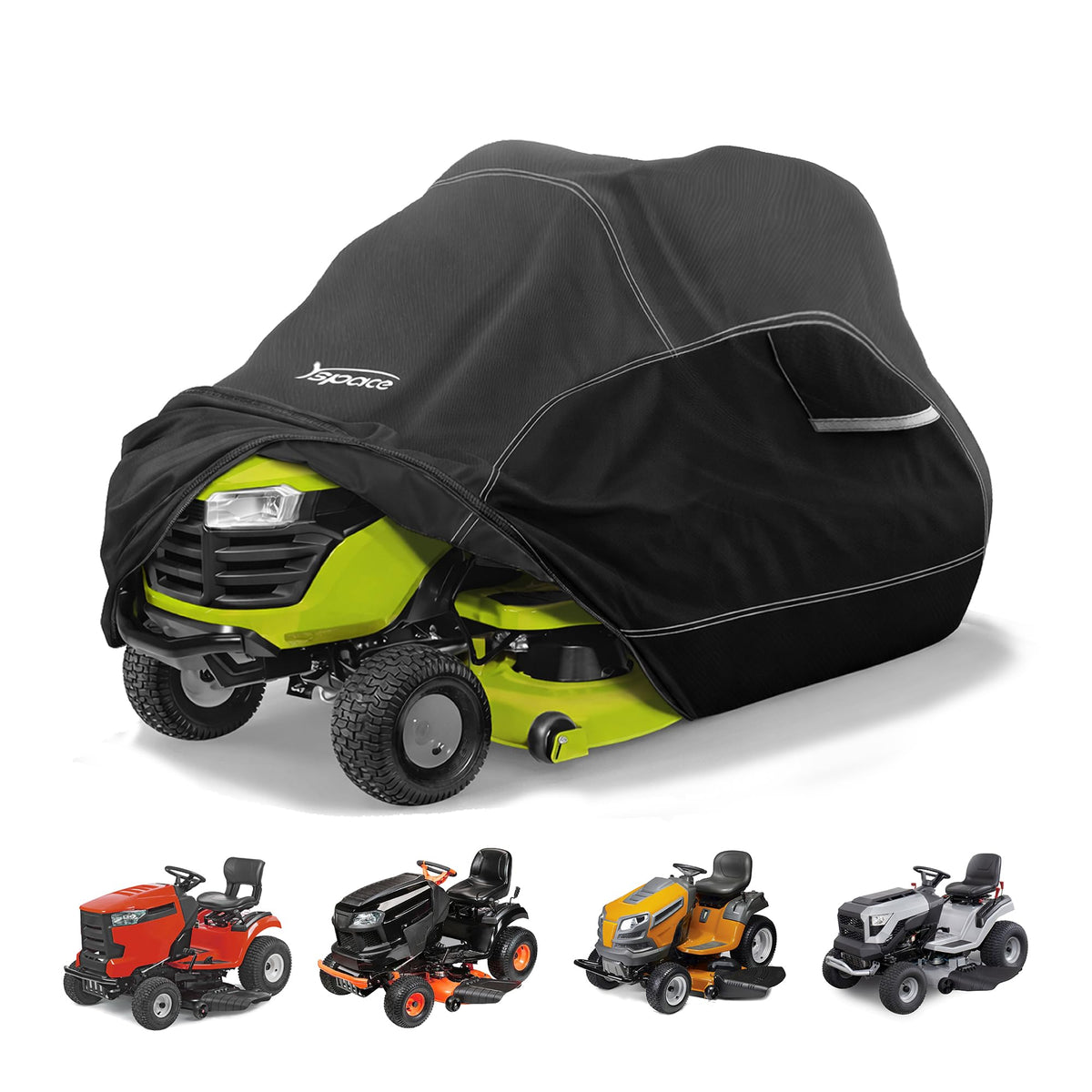 YSPACE front view showing full cover protecting mower, weather defense