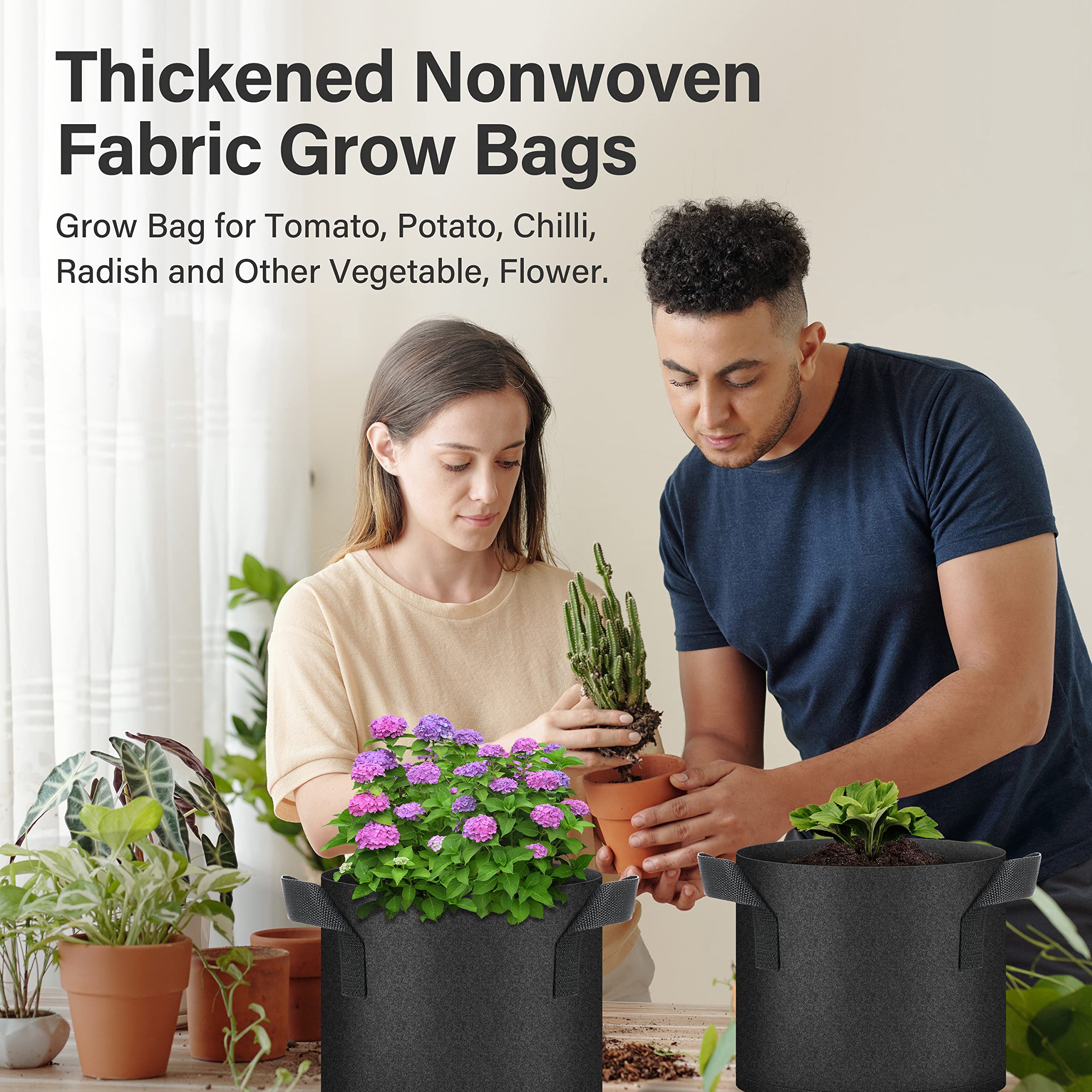 YSSOA balcony with multiple grow bags illustrates urban gardening and easy portability benefit