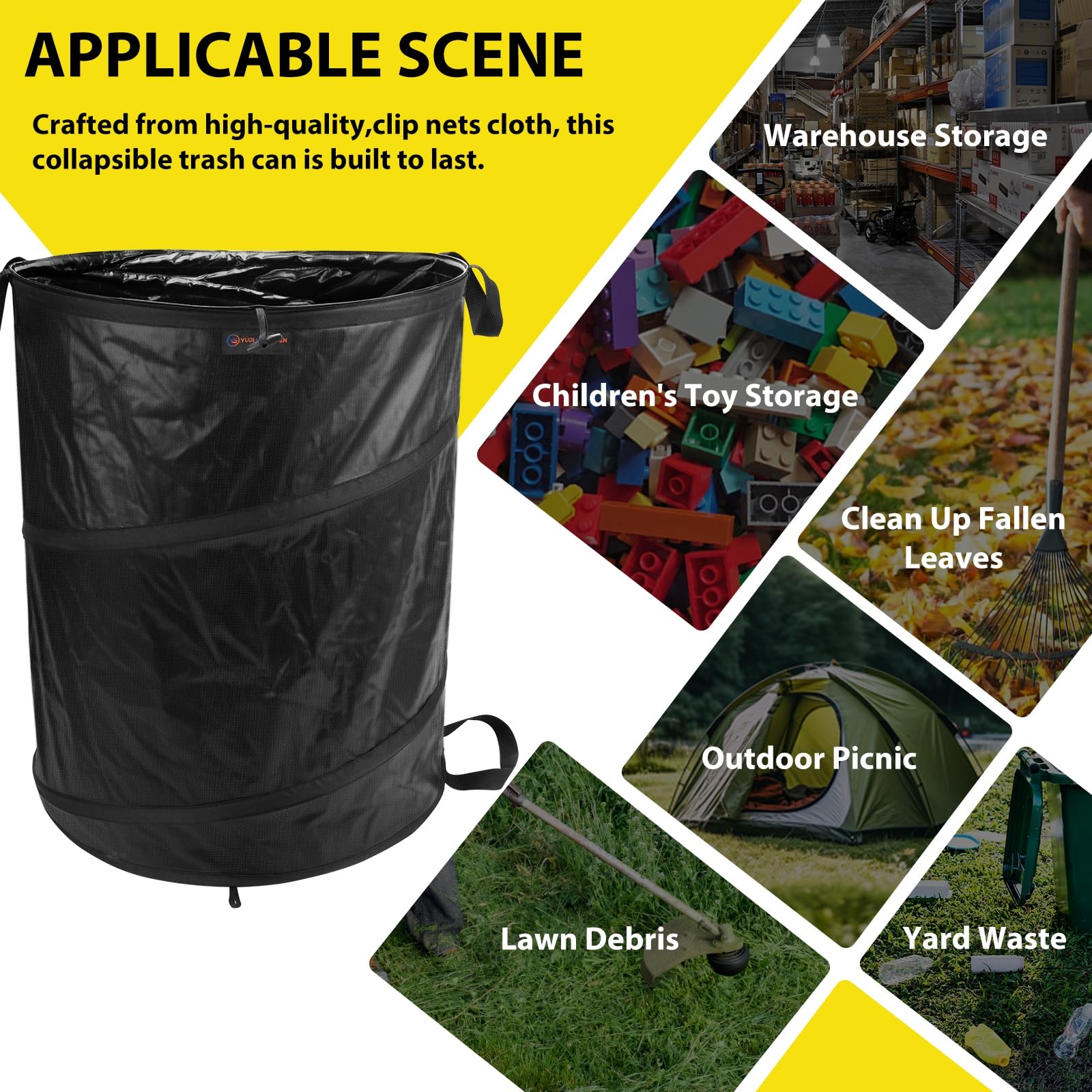 YUDI & GARDEN bin in a backyard garden setting showing practical yard cleanup use