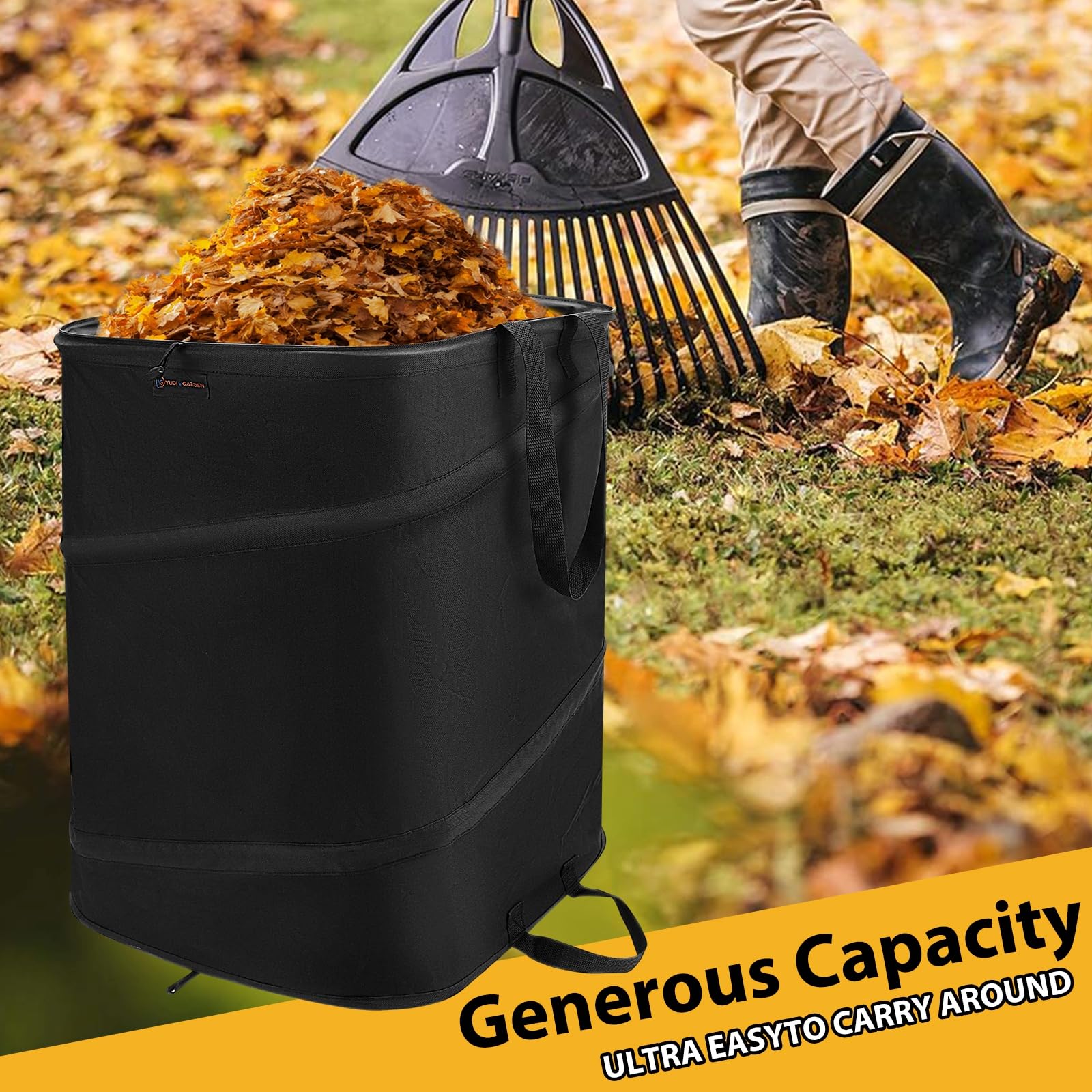 YUDI & GARDEN in use while raking leaves showing easy collection benefit