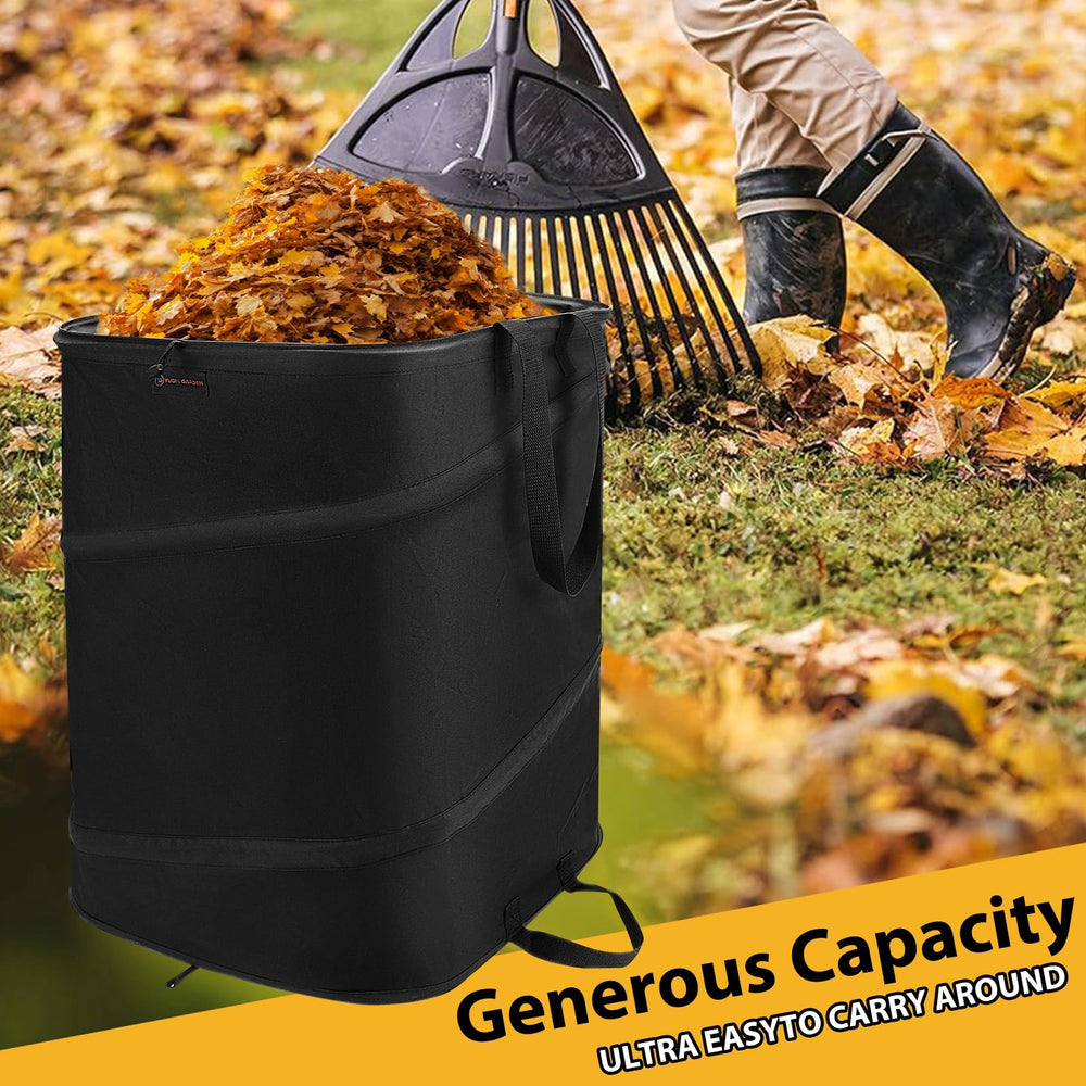 YUDI & GARDEN in use while raking leaves showing easy collection benefit