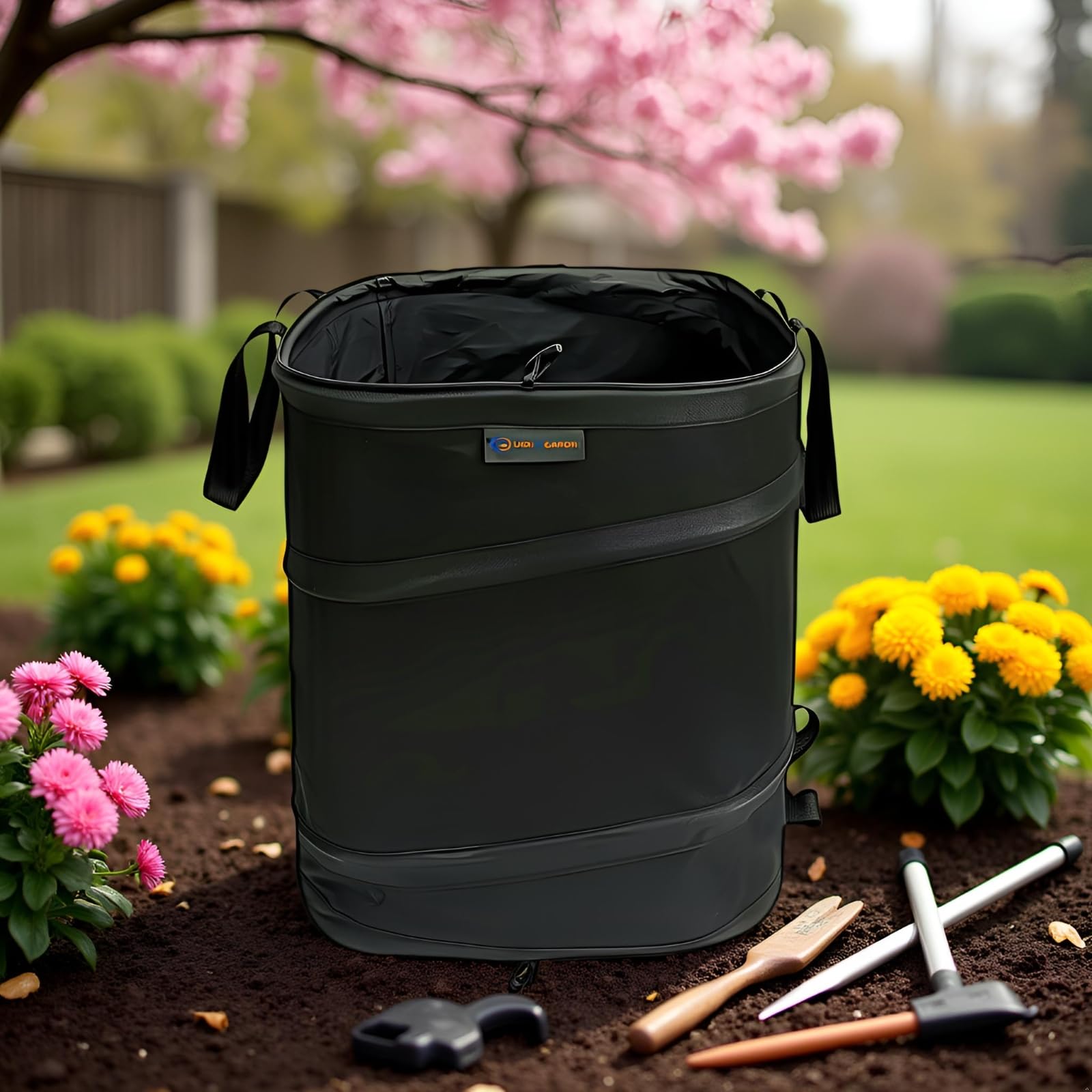 YUDI & GARDEN side dump handle in use for easy emptying benefit