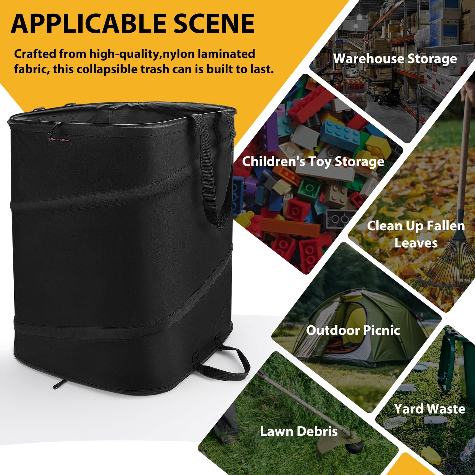 YUDI & GARDEN next to yard tools showing true 46-gallon size benefit