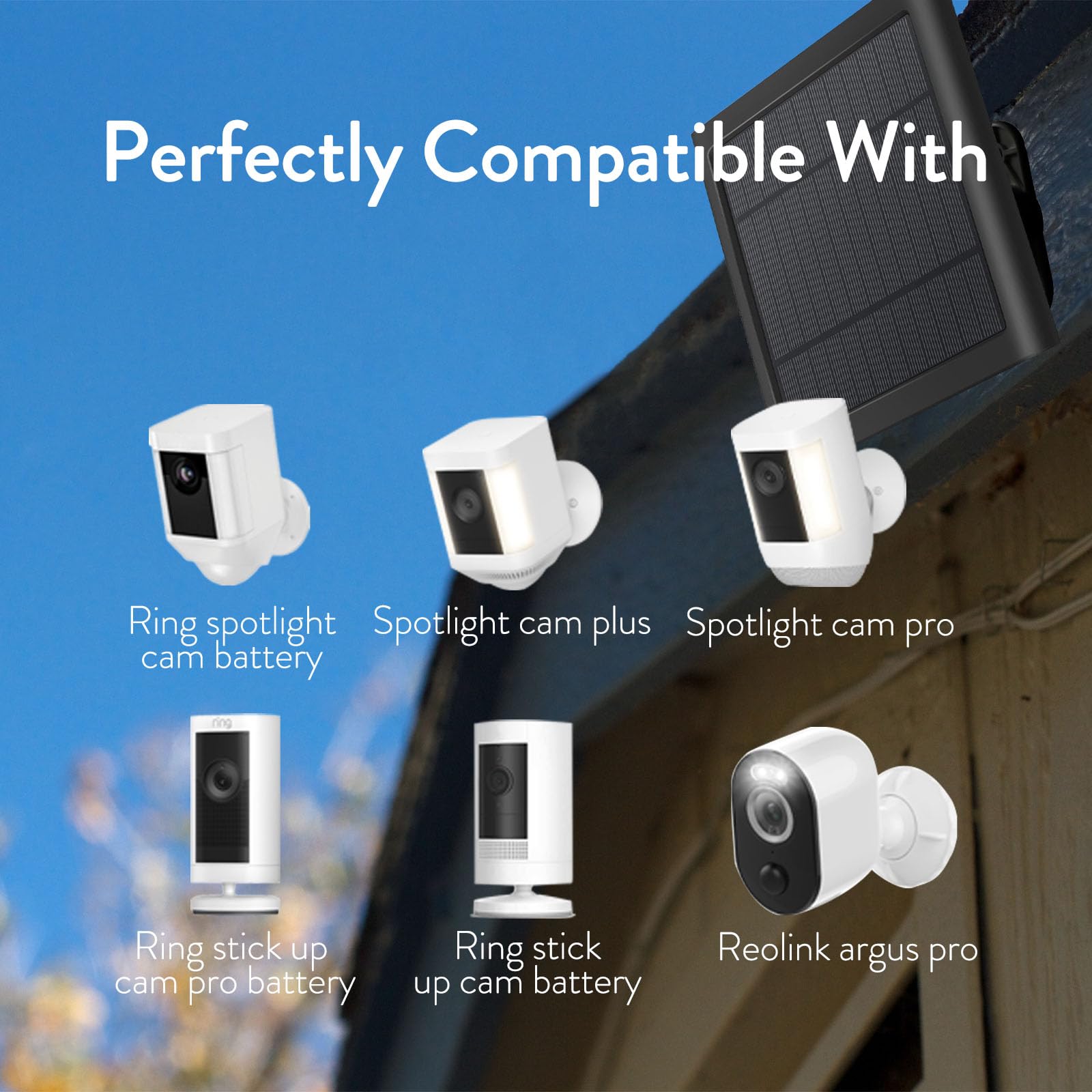 YUELAN solar panel mounted beside a Ring camera demonstrating neat installation and uninterrupted power