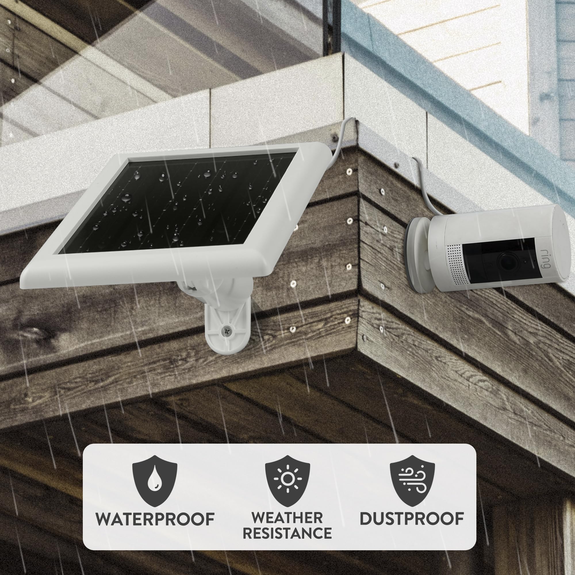 YUELAN panel connected to Ring camera delivering continuous charge and peace of mind