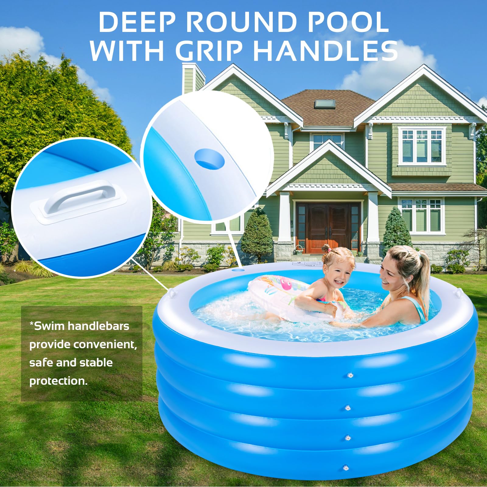 YUEPOOL next to an adult to show scale and easy backyard fit