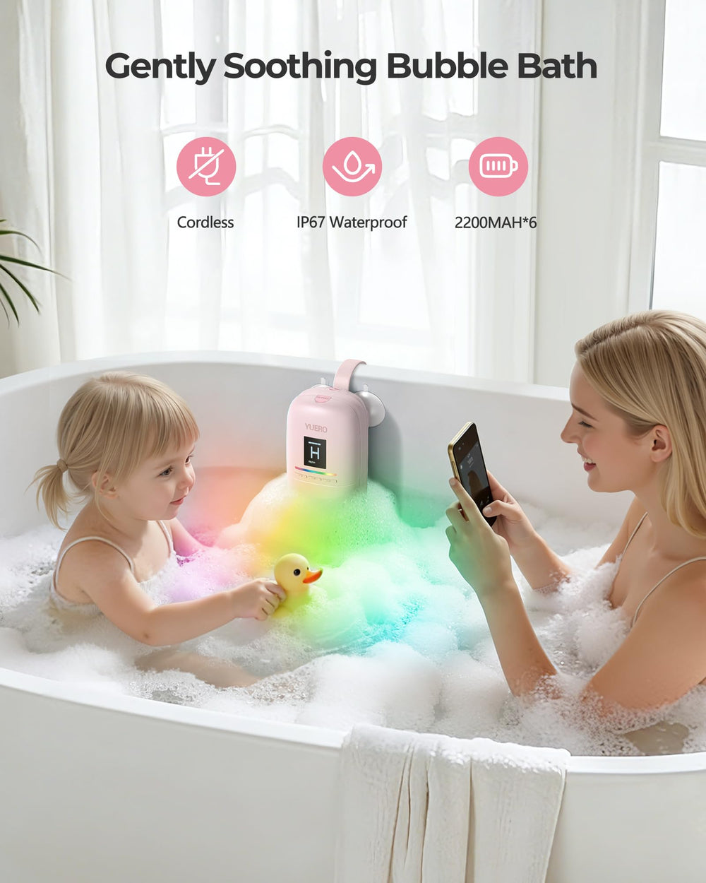 YUERO in-tub action demonstrating bubble and jet modes for relaxation