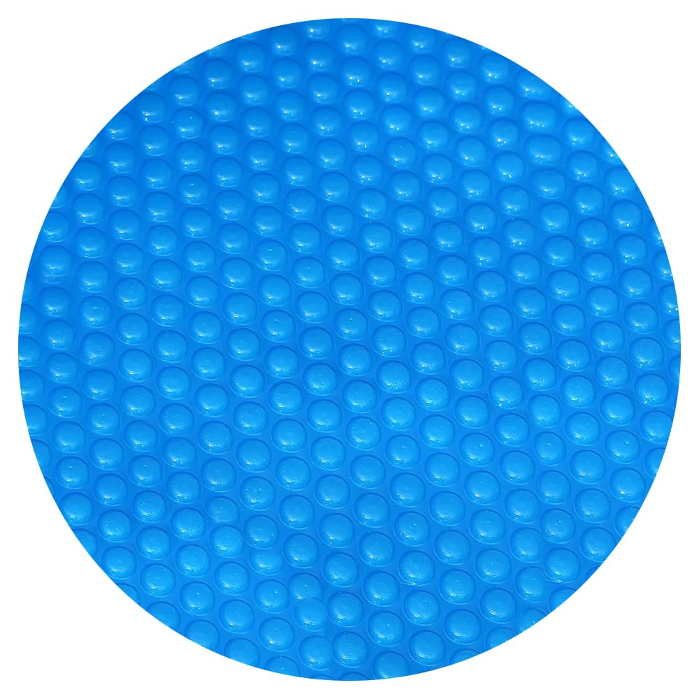 YUEWO blue solar cover front view showing full round blanket protecting pool